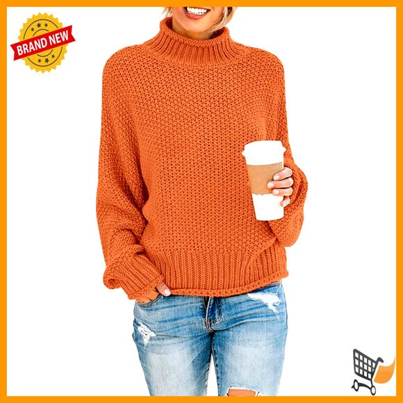 Oversized Chunky Knit Pullover Batwing Sleeve Turtleneck Sweater Loose Fit